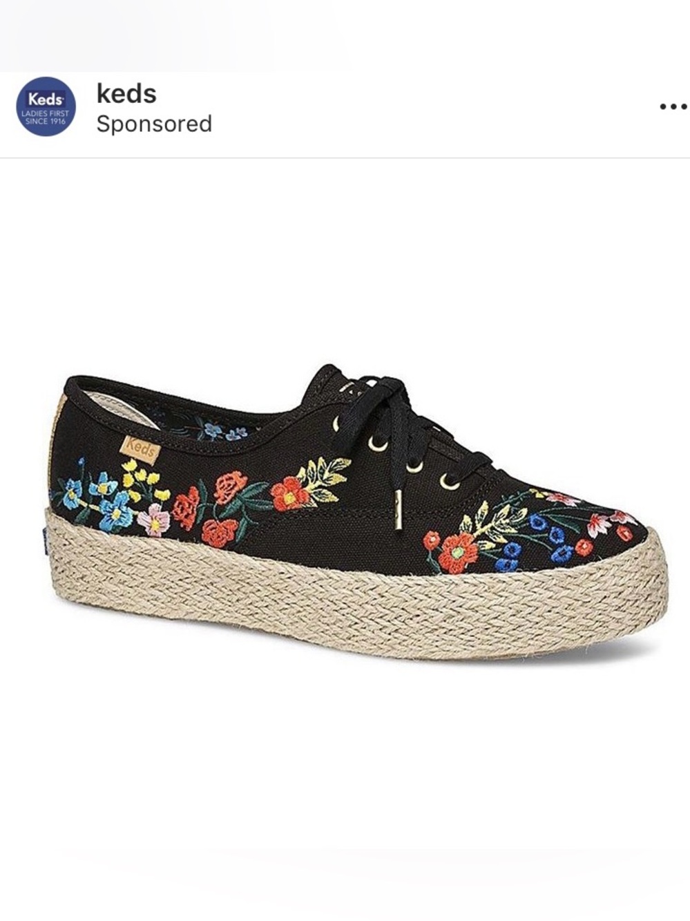 Keds Rifle Paper Black Embroidered Floral Espadrille Platform Sneaker Womens 9